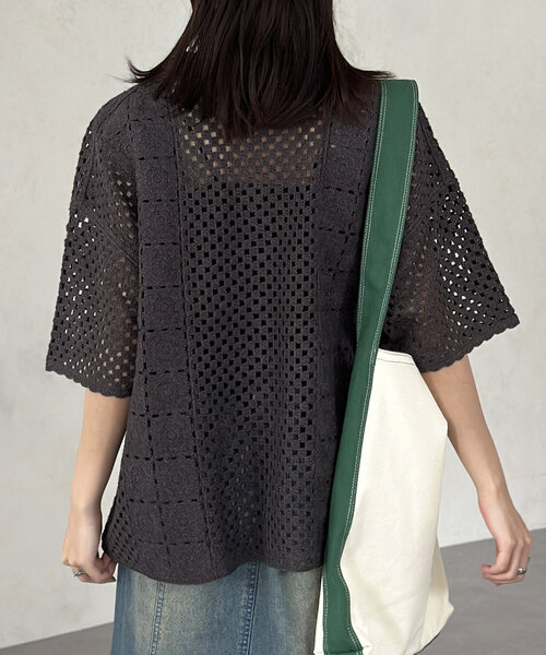 CPCM（シーピーシーエム）の「クロシェ半袖ニットシャツ（シャツ/ブラウス・レディース・ネイビー/グリーン/ブラック/オフホワイト・MEDIUM/LARGE）」の16枚目の写真