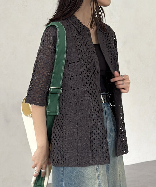 CPCM（シーピーシーエム）の「クロシェ半袖ニットシャツ（シャツ/ブラウス・レディース・ネイビー/グリーン/ブラック/オフホワイト・MEDIUM/LARGE）」の17枚目の写真