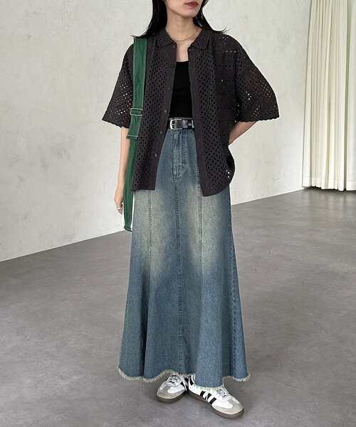 CPCM（シーピーシーエム）の「クロシェ半袖ニットシャツ（シャツ/ブラウス・レディース・ネイビー/グリーン/ブラック/オフホワイト・MEDIUM/LARGE）」の18枚目の写真