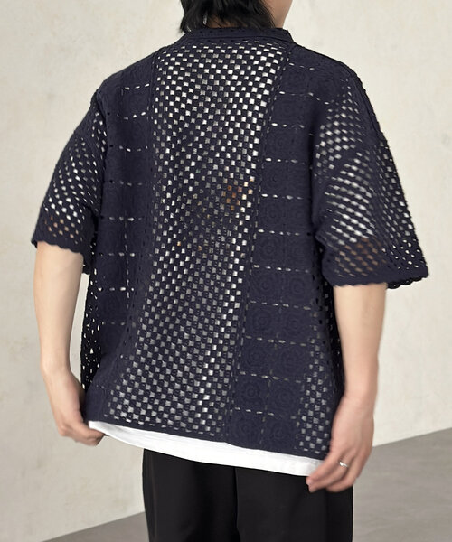 CPCM（シーピーシーエム）の「クロシェ半袖ニットシャツ（シャツ/ブラウス・レディース・ネイビー/グリーン/ブラック/オフホワイト・MEDIUM/LARGE）」の5枚目の写真