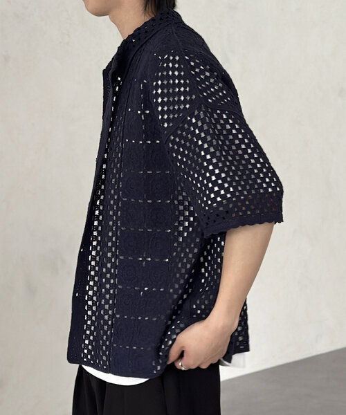 CPCM（シーピーシーエム）の「クロシェ半袖ニットシャツ（シャツ/ブラウス・レディース・ネイビー/グリーン/ブラック/オフホワイト・MEDIUM/LARGE）」の6枚目の写真