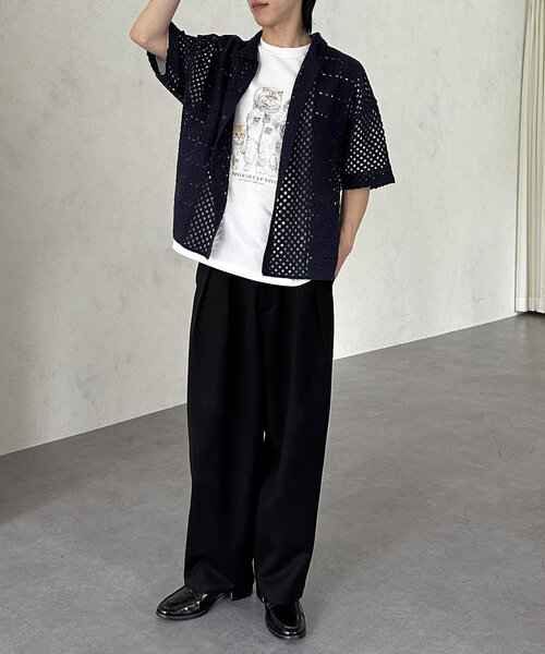 CPCM（シーピーシーエム）の「クロシェ半袖ニットシャツ（シャツ/ブラウス・レディース・ネイビー/グリーン/ブラック/オフホワイト・MEDIUM/LARGE）」の7枚目の写真