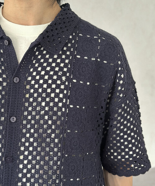 CPCM（シーピーシーエム）の「クロシェ半袖ニットシャツ（シャツ/ブラウス・レディース・ネイビー/グリーン/ブラック/オフホワイト・MEDIUM/LARGE）」の8枚目の写真