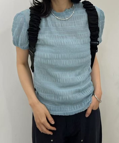 mebole(メボレ)の「シアーシャーリングトップス(Tシャツ/カットソー・レディース・ホワイト/ブルー/ブラック・FREE)」の1枚目の写真