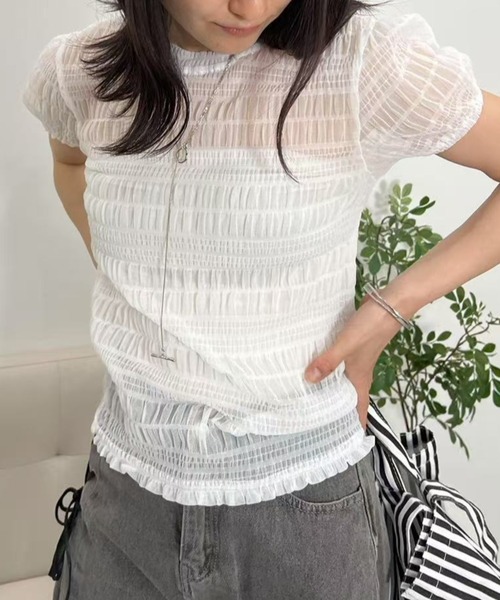 mebole(メボレ)の「シアーシャーリングトップス(Tシャツ/カットソー・レディース・ホワイト/ブルー/ブラック・FREE)」の4枚目の写真