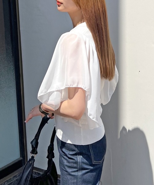 Futier land（フューティアランド）の「袖シアーパールボタントップス（Tシャツ/カットソー・レディース・ブラック/ホワイト・MEDIUM/LARGE）」の9枚目の写真