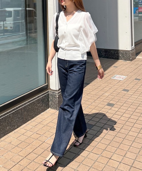 Futier land（フューティアランド）の「袖シアーパールボタントップス（Tシャツ/カットソー・レディース・ブラック/ホワイト・MEDIUM/LARGE）」の11枚目の写真