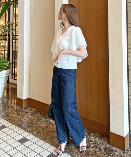 Futier land（フューティアランド）の「袖シアーパールボタントップス（Tシャツ/カットソー・レディース・ブラック/ホワイト・MEDIUM/LARGE）」の12枚目の写真