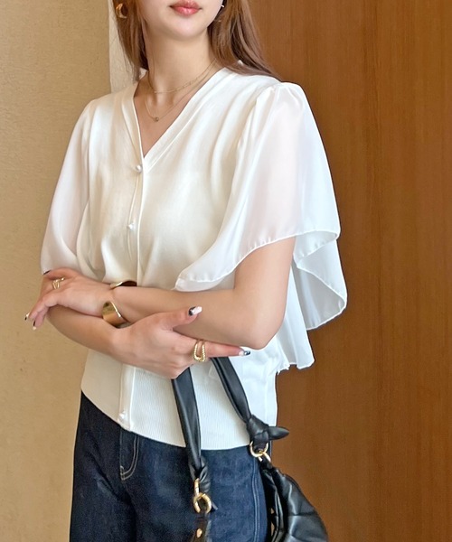 Futier land（フューティアランド）の「袖シアーパールボタントップス（Tシャツ/カットソー・レディース・ブラック/ホワイト・MEDIUM/LARGE）」の13枚目の写真