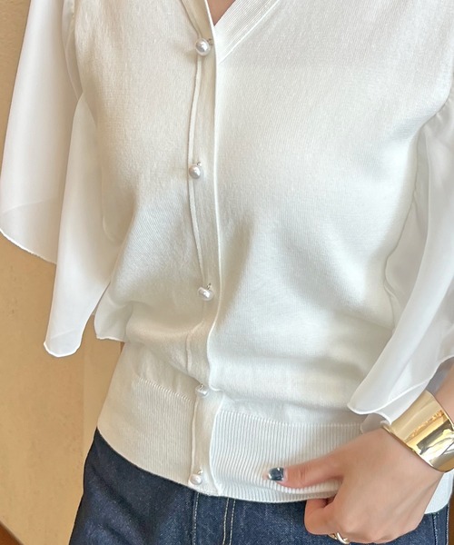 Futier land（フューティアランド）の「袖シアーパールボタントップス（Tシャツ/カットソー・レディース・ブラック/ホワイト・MEDIUM/LARGE）」の14枚目の写真