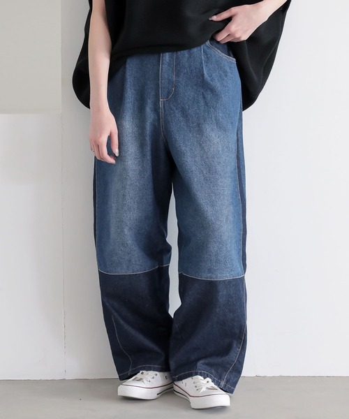 n'OrLABEL(ノアールレーベル)の「『配色デニムカーブパンツ』(デニムパンツ・レディース・ブルー/ブラック・2/1)」の1枚目の写真