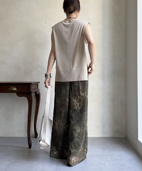 DouDou ジャガードパンツ、イエローパンツ レオパードジャカード織・センタープレスパンツ/40代50代からの