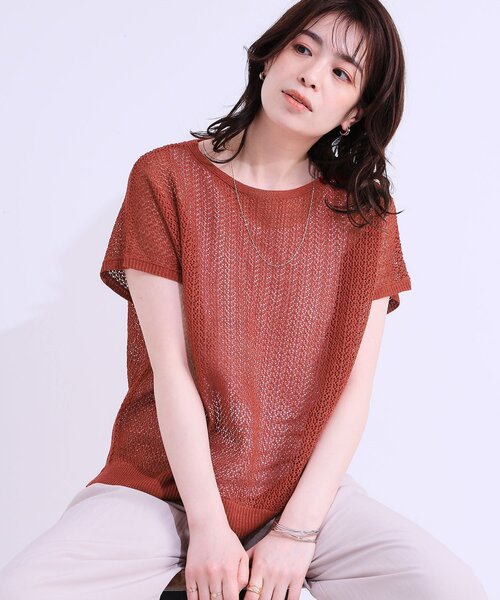 DRESKIP(ドレスキップ)の「【S-LL/2点セット】程よいラメが上品 透かしニット+タンクトップ(ニット/セーター・レディース・オレンジ/ブラック/オフホワイト・02/03/01)」の3枚目の写真