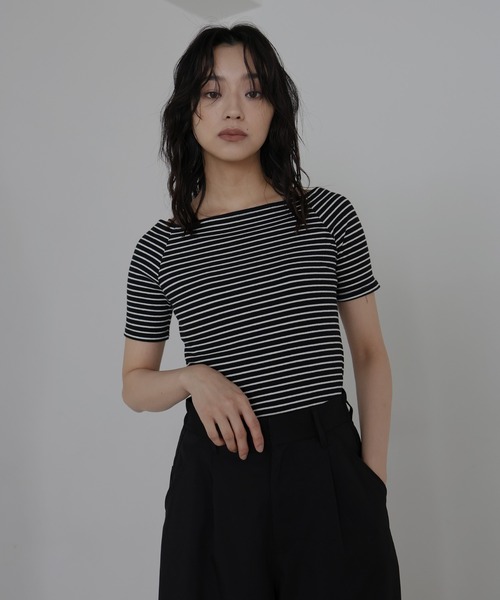 セール】オフショルボーダーリブトップス（Tシャツ/カットソー