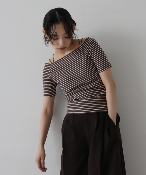 セール】オフショルボーダーリブトップス（Tシャツ/カットソー