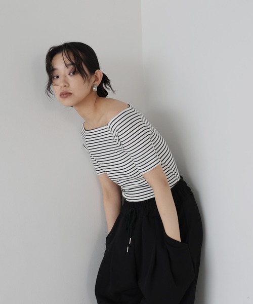 セール】オフショルボーダーリブトップス（Tシャツ/カットソー