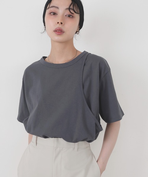 LIAN(リアン)の「アシンメトリーTシャツ(Tシャツ/カットソー・レディース・スミクロ/グリーン/オフホワイト/ブラック・FREE)」の1枚目の写真