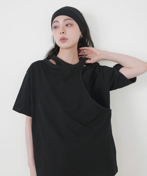LIAN(リアン)の「アシンメトリーTシャツ(Tシャツ/カットソー・レディース・スミクロ/グリーン/オフホワイト/ブラック・FREE)」の18枚目の写真