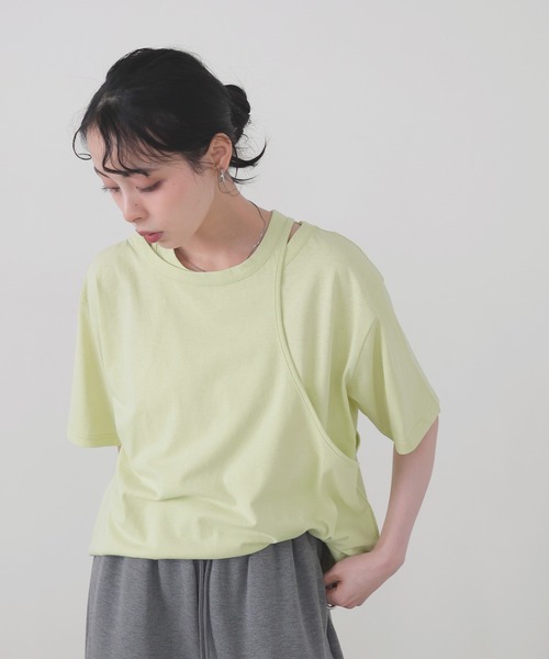 LIAN(リアン)の「アシンメトリーTシャツ(Tシャツ/カットソー・レディース・スミクロ/グリーン/オフホワイト/ブラック・FREE)」の14枚目の写真