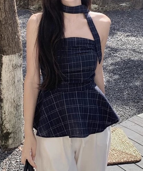 SPIGA(スピーガ)の「ボータイ付格子ペプラムベアトップス(その他トップス・レディース・ネイビー・X-LARGE/LARGE/MEDIUM/SMALL)」の2枚目の写真