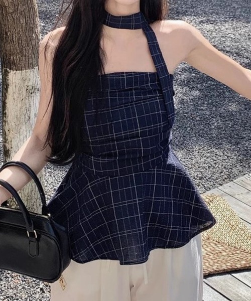 SPIGA(スピーガ)の「ボータイ付格子ペプラムベアトップス(その他トップス・レディース・ネイビー・X-LARGE/LARGE/MEDIUM/SMALL)」の3枚目の写真