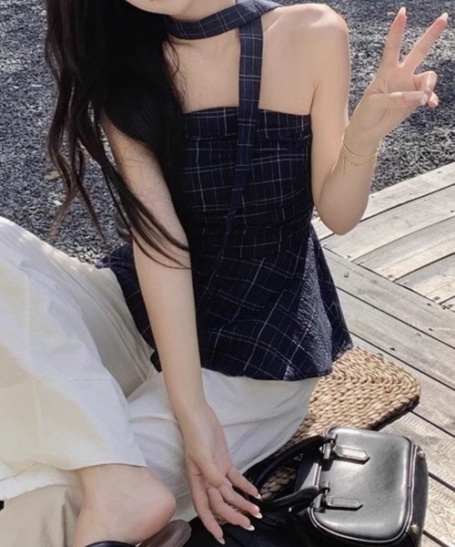 SPIGA(スピーガ)の「ボータイ付格子ペプラムベアトップス(その他トップス・レディース・ネイビー・X-LARGE/LARGE/MEDIUM/SMALL)」の4枚目の写真