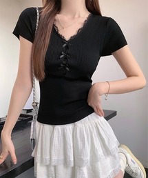 リボンレース付きリブニット Vネック夏服