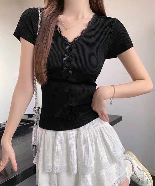 Miniministore(ミニミニストア)の「リボンレース付きリブニット Vネック夏服(Tシャツ/カットソー・レディース・イエロー/ピンク/ホワイト/ライトブルー/ブラック・FREE)」の3枚目の写真