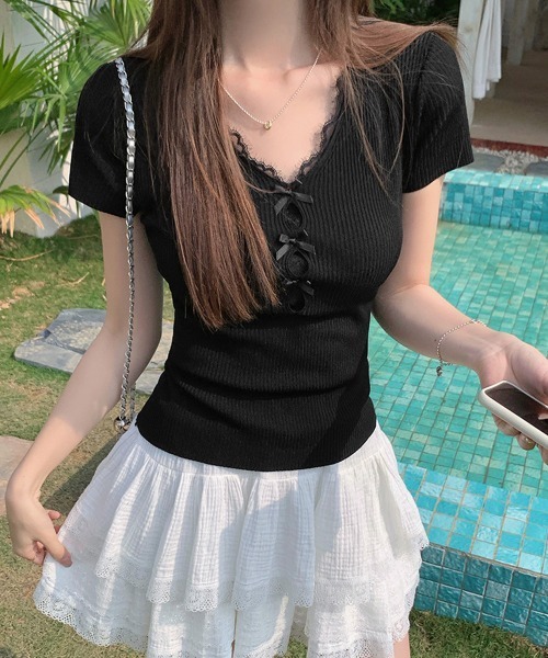 Miniministore(ミニミニストア)の「リボンレース付きリブニット Vネック夏服(Tシャツ/カットソー・レディース・イエロー/ピンク/ホワイト/ライトブルー/ブラック・FREE)」の11枚目の写真
