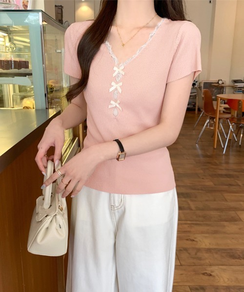 Miniministore(ミニミニストア)の「リボンレース付きリブニット Vネック夏服(Tシャツ/カットソー・レディース・イエロー/ピンク/ホワイト/ライトブルー/ブラック・FREE)」の8枚目の写真