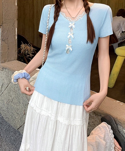 Miniministore(ミニミニストア)の「リボンレース付きリブニット Vネック夏服(Tシャツ/カットソー・レディース・イエロー/ピンク/ホワイト/ライトブルー/ブラック・FREE)」の9枚目の写真