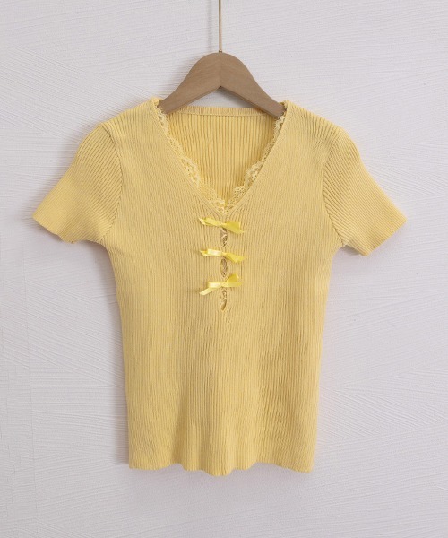 Miniministore(ミニミニストア)の「リボンレース付きリブニット Vネック夏服(Tシャツ/カットソー・レディース・イエロー/ピンク/ホワイト/ライトブルー/ブラック・FREE)」の15枚目の写真