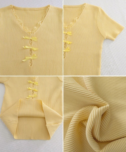Miniministore(ミニミニストア)の「リボンレース付きリブニット Vネック夏服(Tシャツ/カットソー・レディース・イエロー/ピンク/ホワイト/ライトブルー/ブラック・FREE)」の17枚目の写真