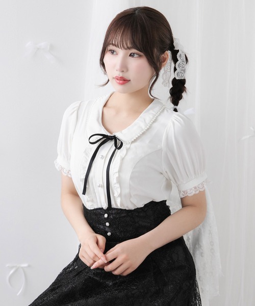 DearMyLoveRose（ディアマイラブローズ）の「丸襟クラシカルガーリーブラウス【大きいサイズ有り】（シャツ/ブラウス・レディース・チェック/ホワイト/ブラック・SMALL/MEDIUM/LL/LARGE/3L）」の4枚目の写真