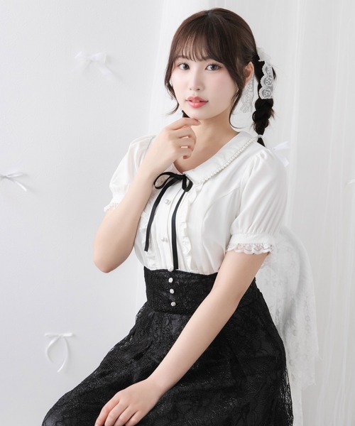 DearMyLoveRose（ディアマイラブローズ）の「丸襟クラシカルガーリーブラウス【大きいサイズ有り】（シャツ/ブラウス・レディース・チェック/ホワイト/ブラック・SMALL/MEDIUM/LL/LARGE/3L）」の5枚目の写真