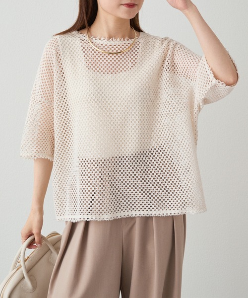 PUAL CE CIN(ピュアルセシン)の「ハーフスリーブメッシュプルオーバー(Tシャツ/カットソー・レディース・アイボリー/ブラック・FREE)」の1枚目の写真