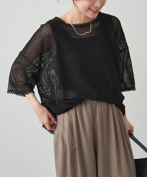 PUAL CE CIN(ピュアルセシン)の「ハーフスリーブメッシュプルオーバー(Tシャツ/カットソー・レディース・アイボリー/ブラック・FREE)」の2枚目の写真