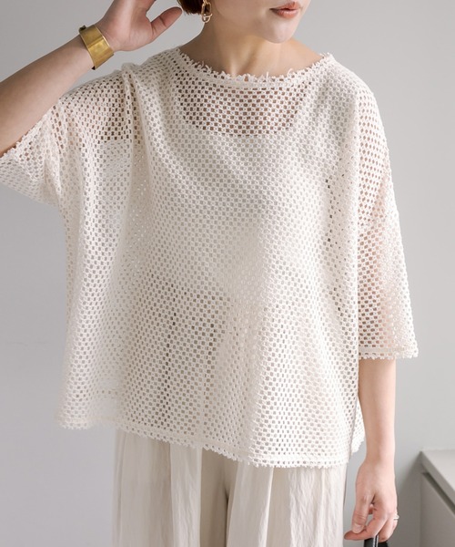 PUAL CE CIN(ピュアルセシン)の「ハーフスリーブメッシュプルオーバー(Tシャツ/カットソー・レディース・アイボリー/ブラック・FREE)」の13枚目の写真