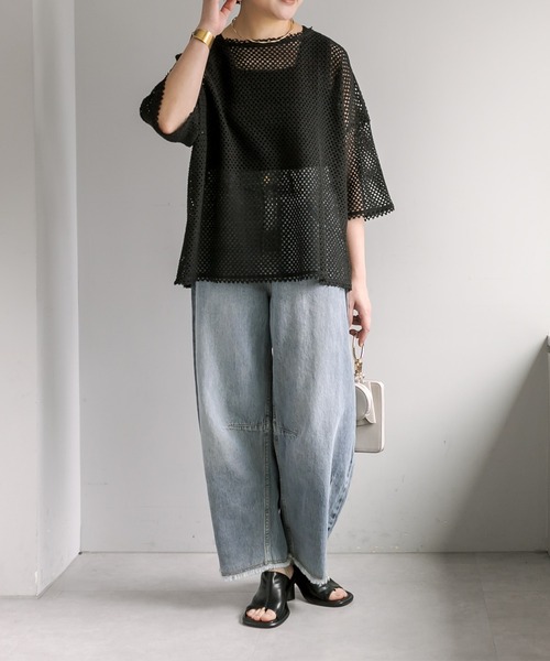PUAL CE CIN(ピュアルセシン)の「ハーフスリーブメッシュプルオーバー(Tシャツ/カットソー・レディース・アイボリー/ブラック・FREE)」の22枚目の写真