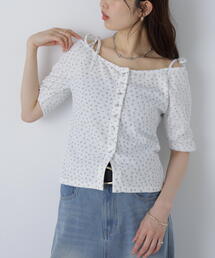 （ＭＦＭ）リボンショルダー小花半袖カーディガン