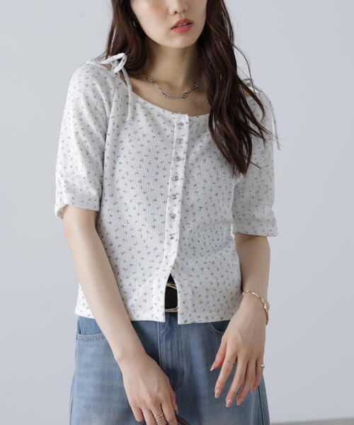 FREE'S MART（フリーズマート）の「（ＭＦＭ）リボンショルダー小花半袖カーディガン（Tシャツ/カットソー・レディース・ホワイト/ネイビー・FREE）」の8枚目の写真
