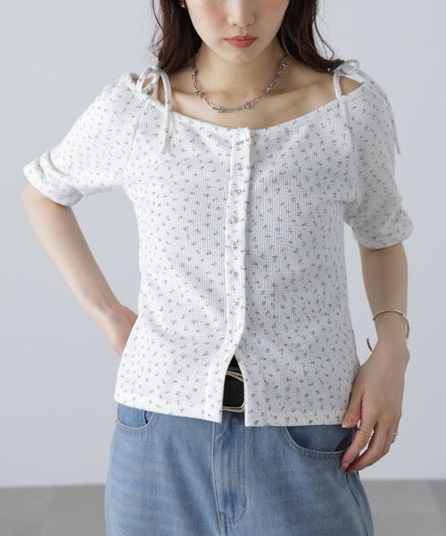 FREE'S MART（フリーズマート）の「（ＭＦＭ）リボンショルダー小花半袖カーディガン（Tシャツ/カットソー・レディース・ホワイト/ネイビー・FREE）」の13枚目の写真