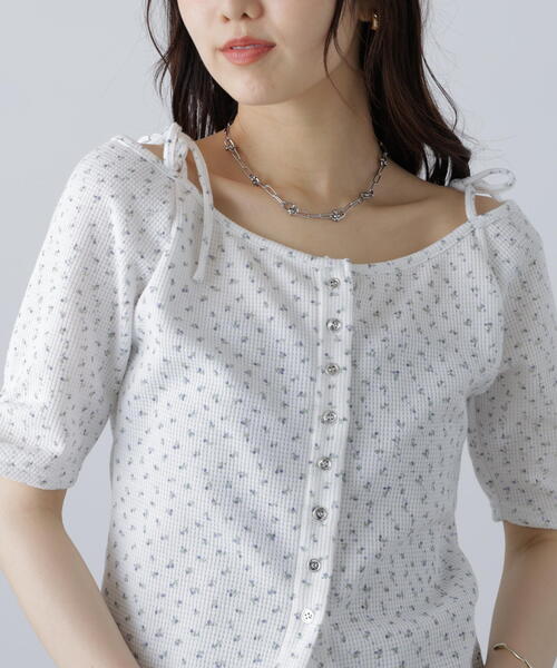 FREE'S MART（フリーズマート）の「（ＭＦＭ）リボンショルダー小花半袖カーディガン（Tシャツ/カットソー・レディース・ホワイト/ネイビー・FREE）」の17枚目の写真