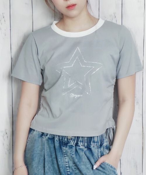 ウエストリボンデザイン Tシャツ 半袖トップス 3色 4080101 LADY LIKE tシャツ 「春夏新作」胸リボンレイヤード風半袖