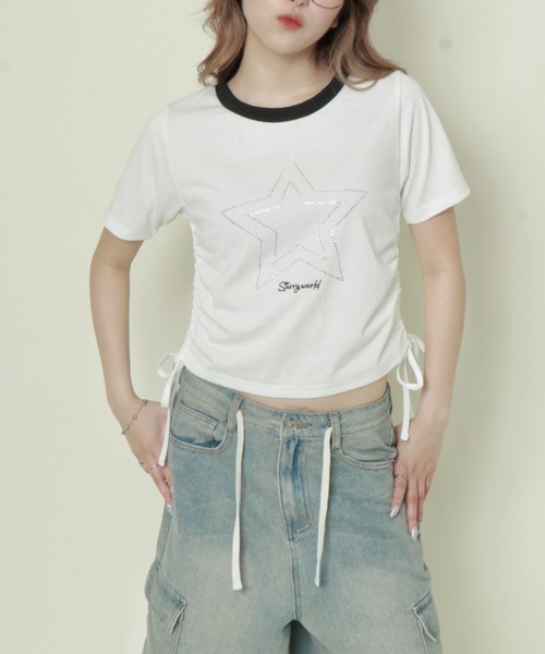 GORGE(ゴージ)の「《キラッとドロスト》レディース 半袖Tシャツ サイドギャザー クロップド丈 春夏秋(Tシャツ/カットソー・レディース・ブラック/オフホワイト/ブルー/グレー・F)」の5枚目の写真