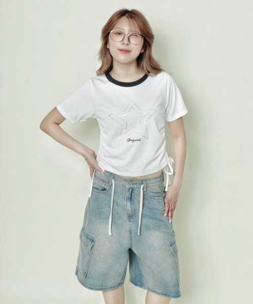 GORGE(ゴージ)の「《キラッとドロスト》レディース 半袖Tシャツ サイドギャザー クロップド丈 春夏秋(Tシャツ/カットソー・レディース・ブラック/オフホワイト/ブルー/グレー・F)」の6枚目の写真