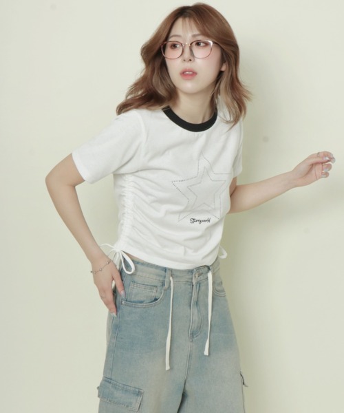 GORGE(ゴージ)の「《キラッとドロスト》レディース 半袖Tシャツ サイドギャザー クロップド丈 春夏秋(Tシャツ/カットソー・レディース・ブラック/オフホワイト/ブルー/グレー・F)」の7枚目の写真