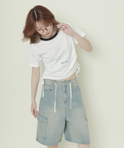 GORGE(ゴージ)の「《キラッとドロスト》レディース 半袖Tシャツ サイドギャザー クロップド丈 春夏秋(Tシャツ/カットソー・レディース・ブラック/オフホワイト/ブルー/グレー・F)」の9枚目の写真