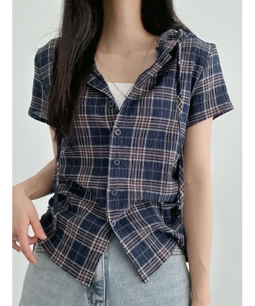 NANAHACHI(ナナハチ)の「フード付きチェック柄半袖シャツ(Tシャツ/カットソー・レディース・カーキ/ベージュ/ネイビー・FREE)」の1枚目の写真