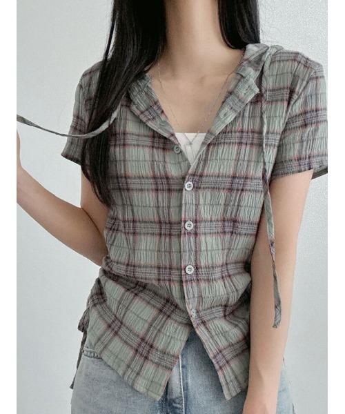 NANAHACHI(ナナハチ)の「フード付きチェック柄半袖シャツ(Tシャツ/カットソー・レディース・カーキ/ベージュ/ネイビー・FREE)」の3枚目の写真